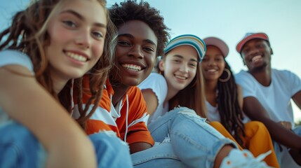 Obraz premium A group of young adults are sitting on the ground wearing white sneakers, smiling at the camera. It is a diverse mix including one man and two women in casual