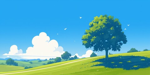 A cartoon-style animated background showcasing a tree on the right side, with green grassy hills in the foreground and a blue sky filled with clouds in the background