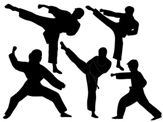 Kick kihon basic practice karate pose silhouettes. Set of karate kids Silhouette illustration. Self defense sport karate exercise. Silhouette karate sport person. 