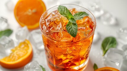 An Aperol spritz cocktail with ice cubes, an orange slice and mint leaves on a white background