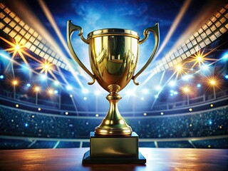 Golden Trophy in Stadium - Championship Celebration, Low Light Sports Photography, Bright Blue Background, Close-Up Shot, Ideal for Text Inscriptions and Sports Themes
