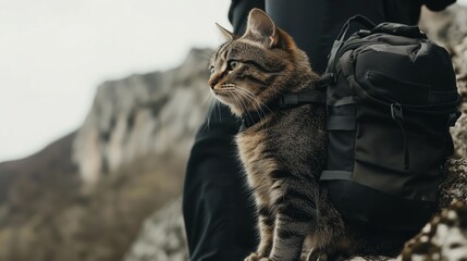 A cat is sitting on a backpack on a mountain