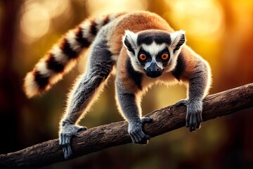 Obraz premium A lemur perched on a branch in a forest setting.