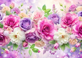 Horizontal Seamless Border of Pink, Purple, and White Roses, Lisianthus, and Lilac Flowers - Elegant Floral Vector Background for Invitations and Decor