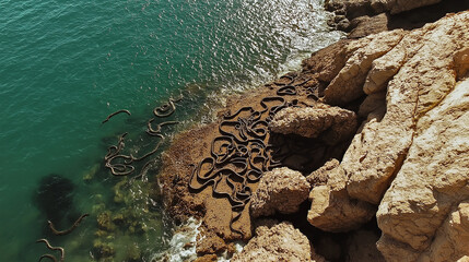 Aerial View of Snake-Nested Rocks Along the Shore, Dozens of Snakes Resting on the Sun-Warmed Rocks, Their Bodies Visible in the Open