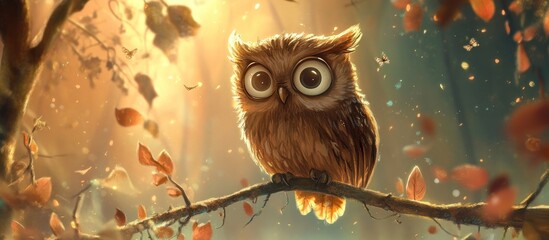 Fototapeta premium A cute cartoon owl with big eyes perched on a branch with autumn leaves falling around it.