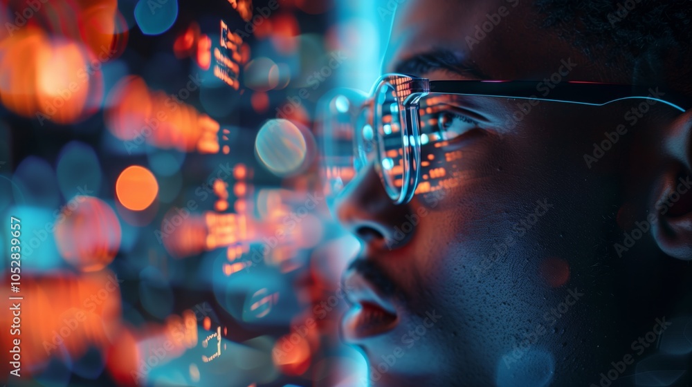 Poster businessman with glasses is looking at digital data and code on the screen, with blue light effects 