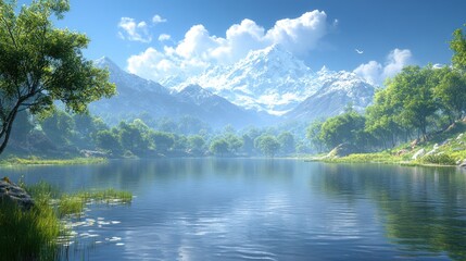 Serene Mountain Lake with Snow-Capped Peaks and Lush Greenery