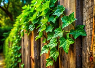 Obraz premium Lush Green Ivy Leaves Gracefully Crawling Over a Rustic Wooden Fence in Vibrant Natural Setting