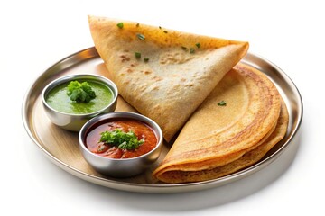 Plate with dosa and chutney isolated on white background at tilted angle