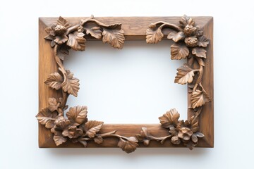 Teak photo frame intricate leaf vine carvings displayed white background. AI generated