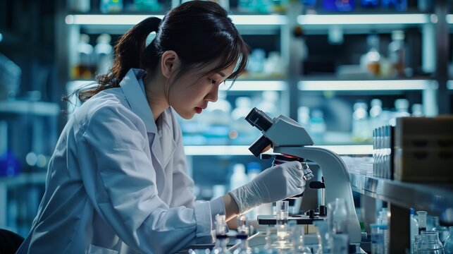 A female scientist in a white coat using a microscope at a lab desk, side view. A woman working with scientific equipment or products for research and development of medical products
