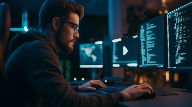 A man is sitting in front of a computer with a keyboard and a mouse