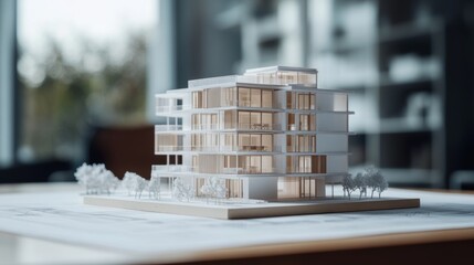 Close-up of architectural blueprints with a scale model of a modern building project in a design studio setting