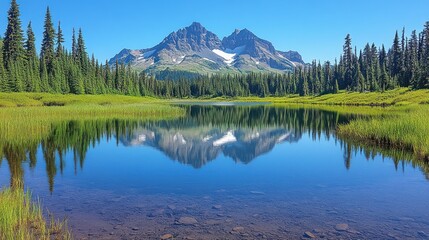 Mountain Reflection in a Still Lake with Lush Green Grass and Trees