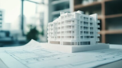 Detailed close-up of architectural designs and a scale model representing a contemporary building project in a bright workspace