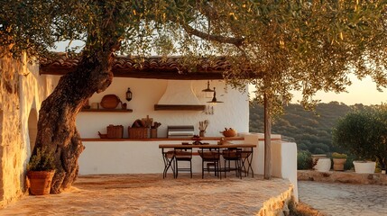 Breathtaking Outdoor Kitchen Retreat in Idyllic Ibiza Villa Olive Tree Canopy and Warm Glow