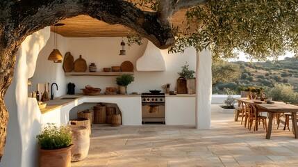 Charming Ibiza Inspired Outdoor Kitchen with Whitewashed Walls and Olive Tree Canopy