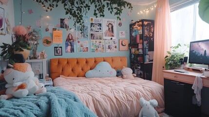 Cozy Romantic Teen Girl s Bedroom with Posters Tufted Bed and Whimsical Decor