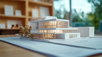 Close-up of architectural blueprints with a detailed scale model of a modern building project in progress