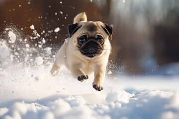 Obraz premium Cute Pug dog running and having fun in the snow.