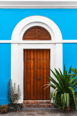 Old San Juan Charming Wooden Door with Blue Wall and Green Plants Capturing The Vibrant Spirit Of Puerto Rico.