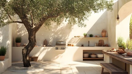 Relaxed Mediterranean Inspired Outdoor Cooking Oasis with Olive Tree Centerpiece