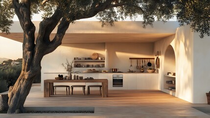 Rustic Outdoor Mediterranean Kitchen with Olive Tree and Terracotta Roof in Idyllic Ibiza Setting