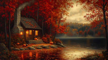 Lakefront Cabin with Red Autumn Trees at Sunset for Tranquil and Scenic Fall Decor