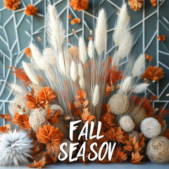 Fall Season Text with Pampas Grass and Pumpkin Arrangement for Cozy Seasonal Decor