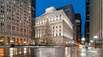 Christmas tree outside a historic American courthouse decorated with classic ornaments