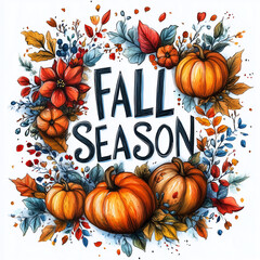 Fall Season Text with Pumpkins and Berries for Seasonal Decor and Festive Fall Designs