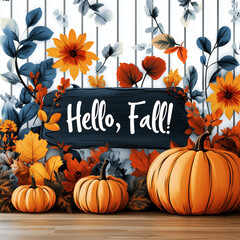Hello, Fall! Text with Pumpkins and Seasonal Flowers for Cozy Autumn Decor and Festive Displays