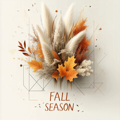Fall Season Text with Pampas Grass and Leaves Arrangement for Cozy Autumn Decor