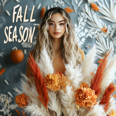 Woman with Fall Season Sign in Cozy Autumn Setting for Seasonal and Lifestyle Projects