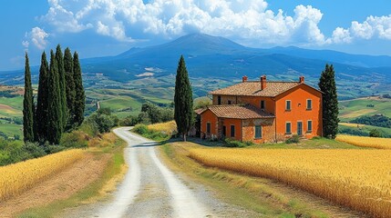 Orange Farmhouse on Hilltop with Gravel Road and Wheat Field