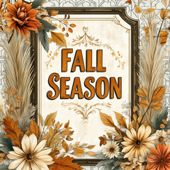 Fall Season Text with Rustic Floral Frame for Seasonal Decor and Festive Autumn Projects