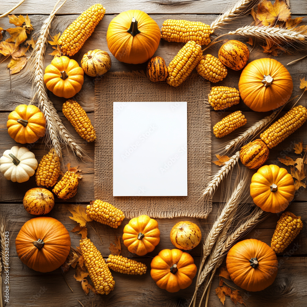 Wall mural Blank Frame with Pumpkins and Gourds on Rustic Background for Cozy Fall Decor and Seasonal Projects