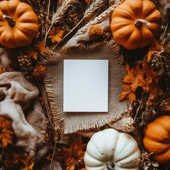 Blank Frame with Pumpkins and Autumn Leaves on Rustic Background for Seasonal Decor