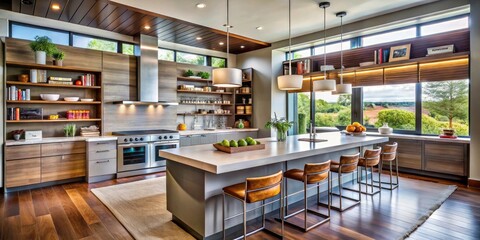 Fototapeta premium Modern Culinary Haven: Stylish Kitchen with Innovative Design and Functional Space for Cooking Enthusiasts