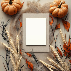 Blank Frame with Wheat, Pampas Grass, and Pumpkins on Rustic Background for Cozy Fall Decor