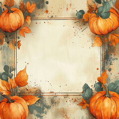 Rustic Frame with Pumpkins and Autumn Leaves on Vintage Background for Fall-Themed Designs