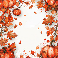 Blank Frame with Autumn Leaves and Pumpkins on White Background for Seasonal Decor and Holiday Designs