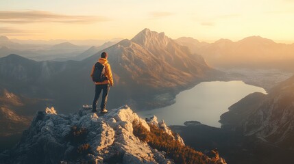 Tourist man hiker on top of the mountain. Active life concept. 