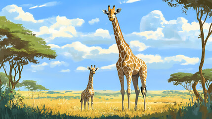 A gentle giraffe mom stands proudly alongside her curious calf, set against a serene african savannah backdrop with lush green trees and vibrant blue sky. African Savannah Tribe. Illustration