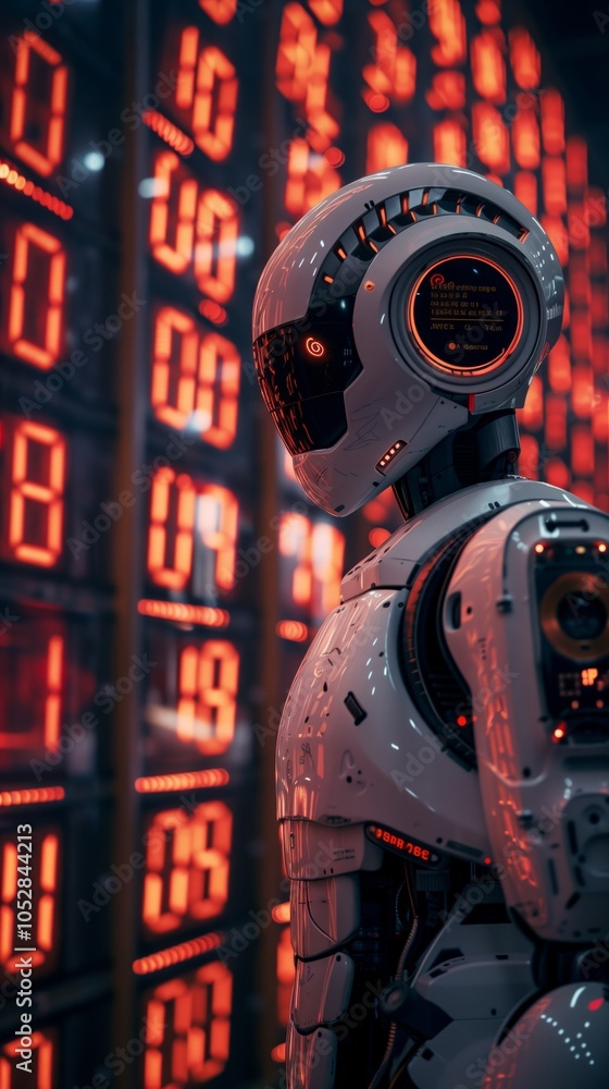 Poster a robot is standing in front of the stock trading board, displaying real-time global financial data 