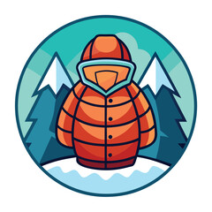 A cartoon illustration of an orange puffer jacket in a snowy mountain landscape.