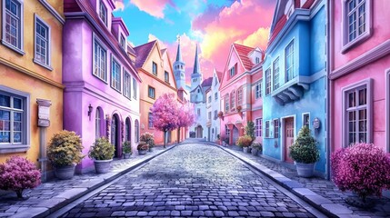 Naklejka premium Dreamlike European Village in Watercolor Style