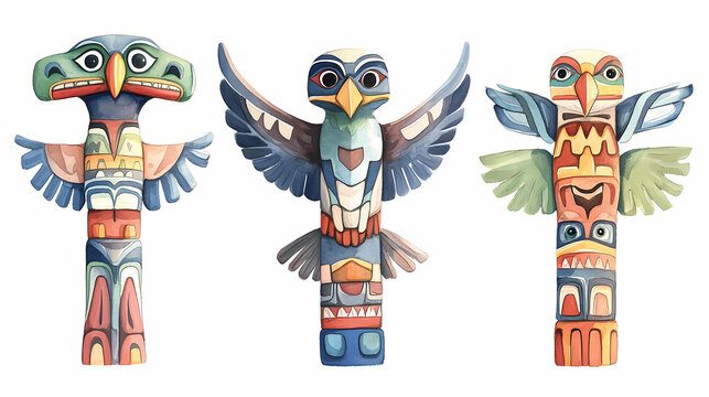 A super-cute comic cartoon totem pole, full body, watercolor illustration. Native American Totem Poles. Illustration