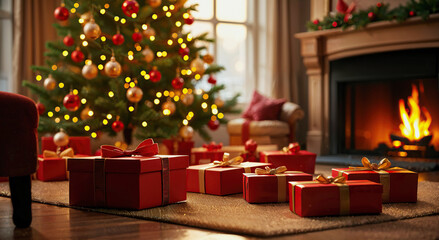 Photorealistic Christmas morning scene with gifts being unwrapped under the tree and a joyful atmosphere 
